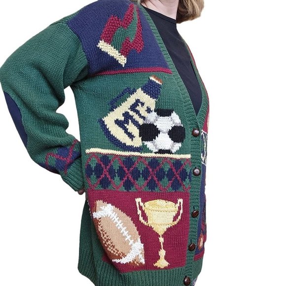 90s Teddy Bear Cardigan Sweater Sports M/L Handknit Football Soccer Cheerleader - Picture 3 of 11